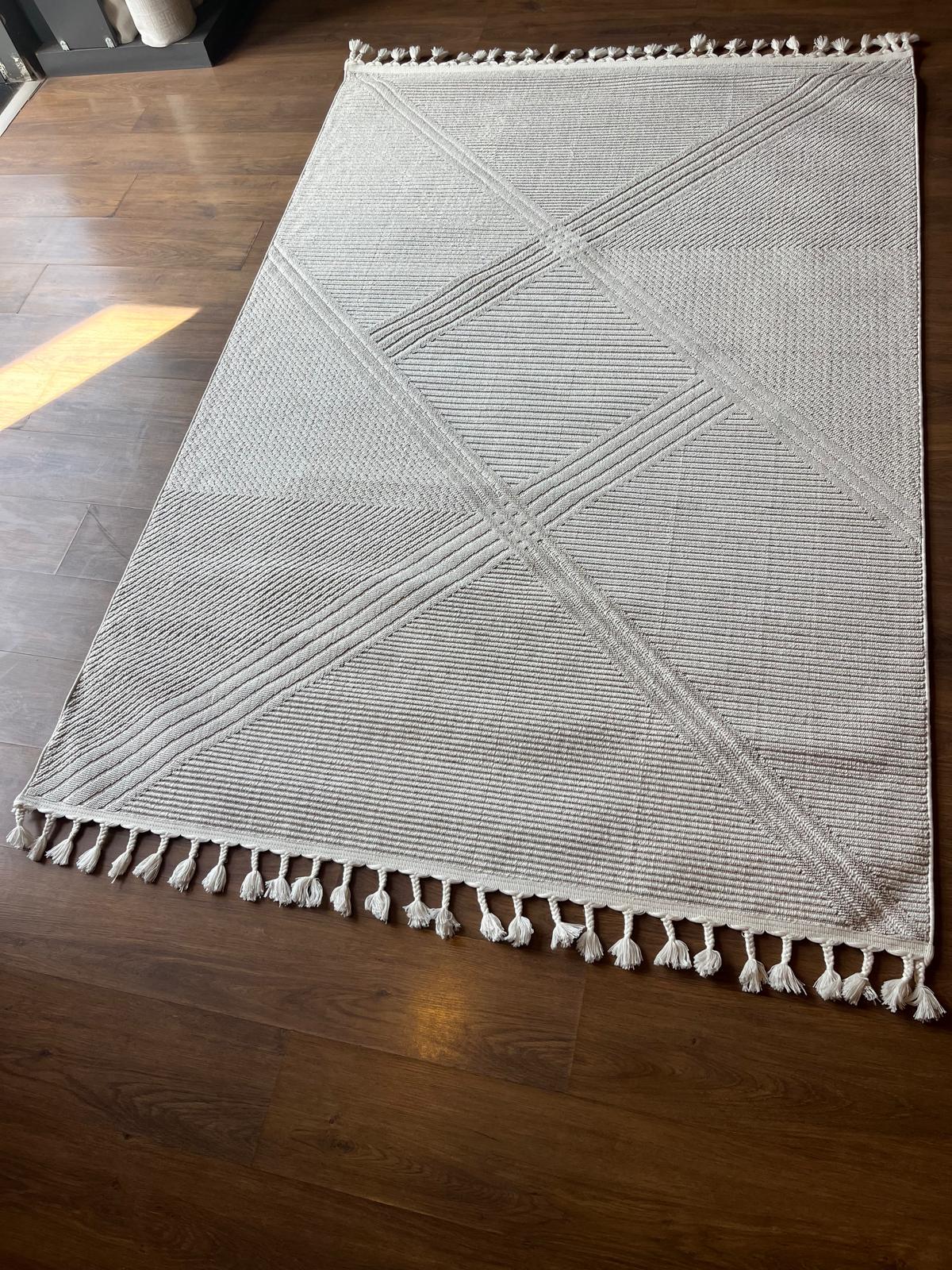 Cream Textured Geometric Carpet with Tassels, Minimalist Scandi Home Decor, Neutral Living Room Rug.