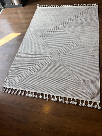 Cream Textured Geometric Carpet with Tassels, Minimalist Scandi Home Decor, Neutral Living Room Rug.