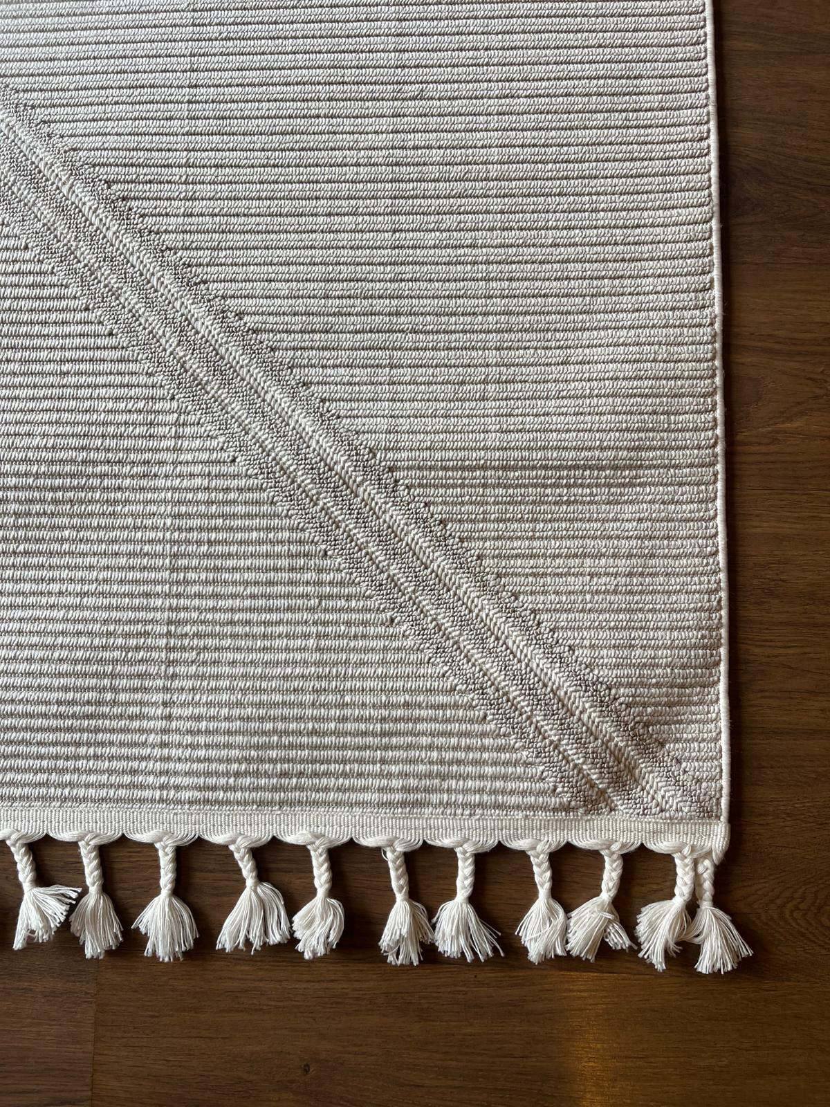 Cream Textured Geometric Carpet with Tassels, Minimalist Scandi Home Decor, Neutral Living Room Rug.