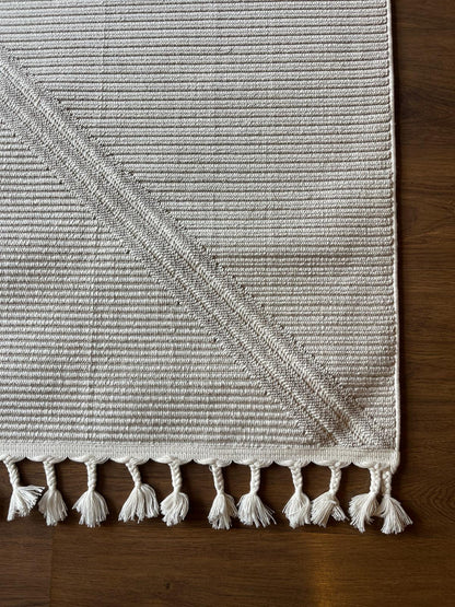 Cream Textured Geometric Carpet with Tassels, Minimalist Scandi Home Decor, Neutral Living Room Rug.