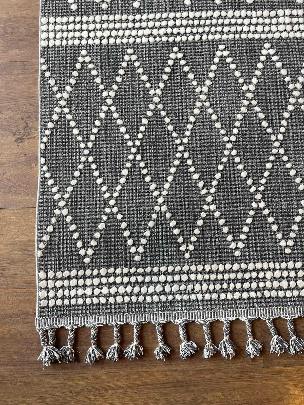 Cream Textured Geometric Carpet with Tassels, Minimalist Scandi Home Decor, Neutral Living Room Rug.
