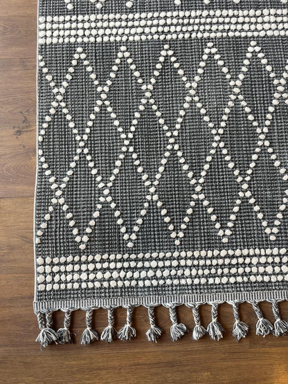 Cream Textured Geometric Carpet with Tassels, Minimalist Scandi Home Decor, Neutral Living Room Rug.