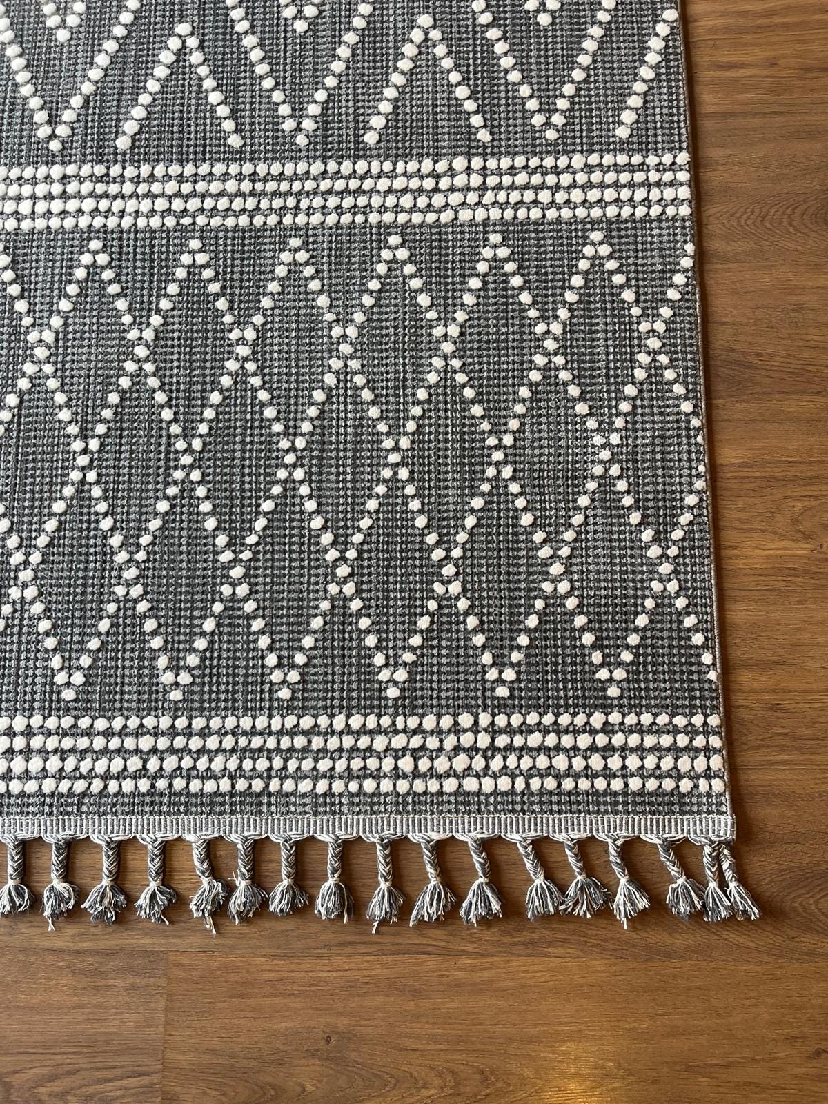 Cream Textured Geometric Carpet with Tassels, Minimalist Scandi Home Decor, Neutral Living Room Rug.