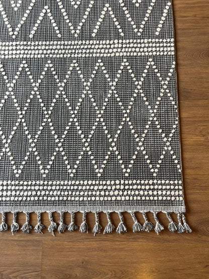 Cream Textured Geometric Carpet with Tassels, Minimalist Scandi Home Decor, Neutral Living Room Rug.