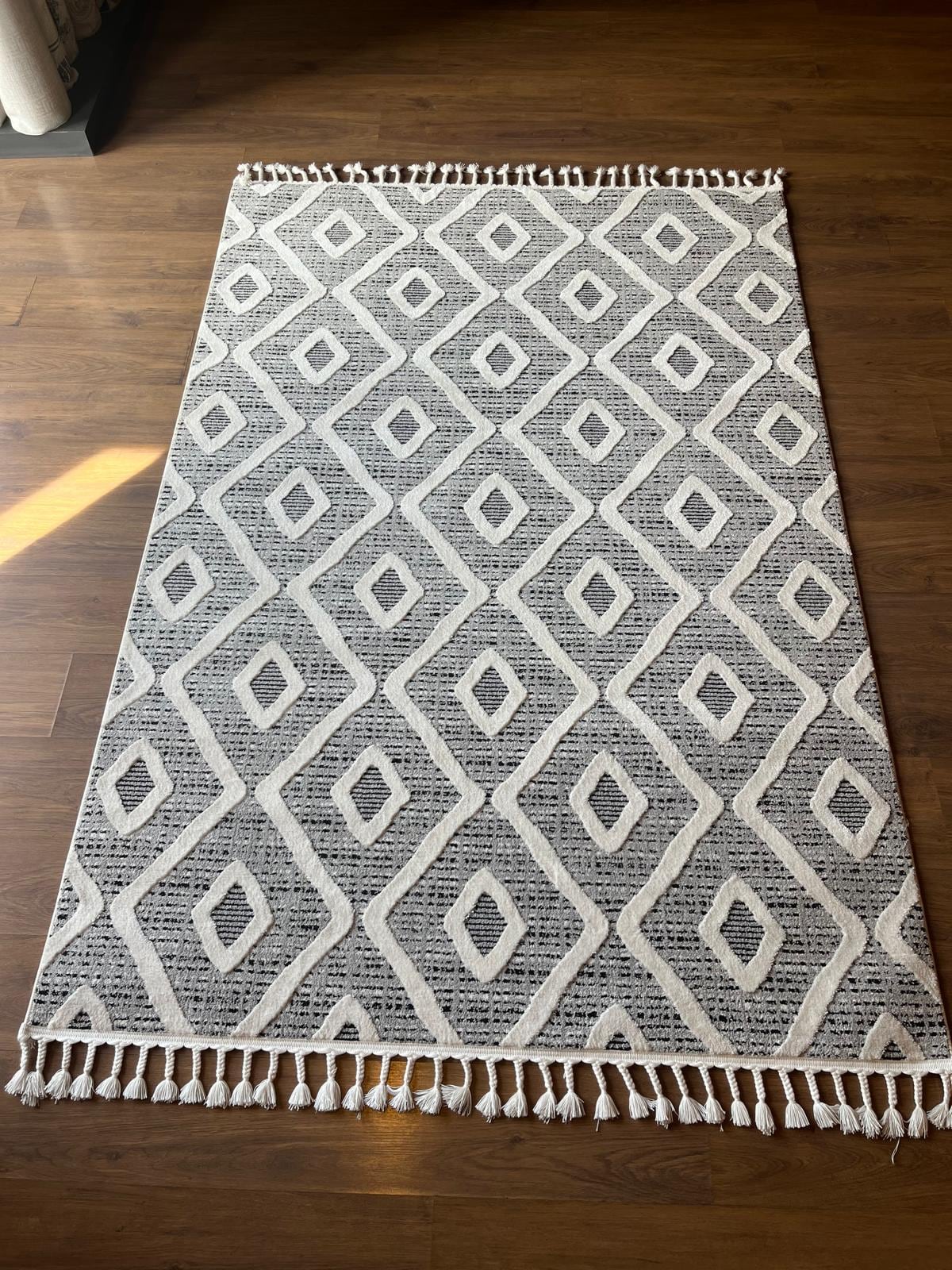Cream Textured Geometric Carpet with Tassels, Minimalist Scandi Home Decor, Neutral Living Room Rug.