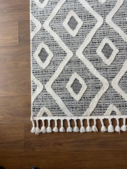 Cream Textured Geometric Carpet with Tassels, Minimalist Scandi Home Decor, Neutral Living Room Rug.
