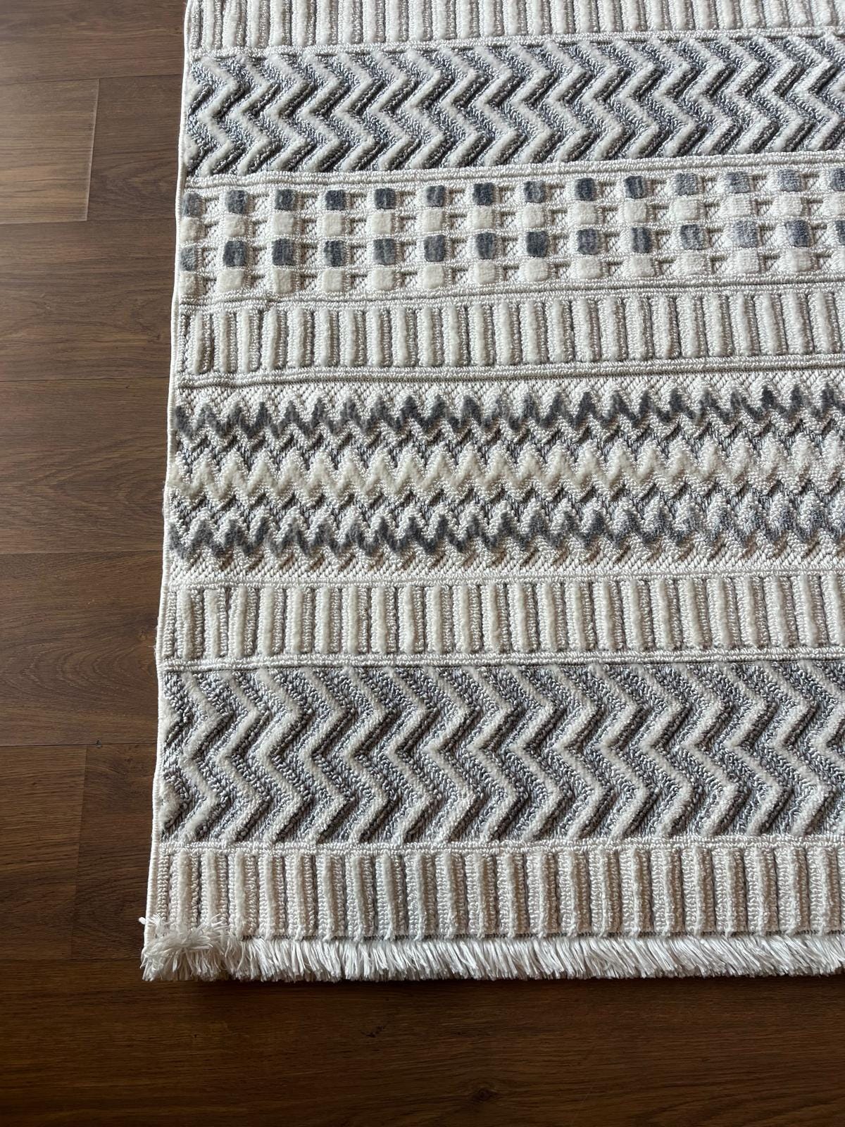 Cream Textured Geometric Carpet with Tassels, Minimalist Scandi Home Decor, Neutral Living Room Rug.