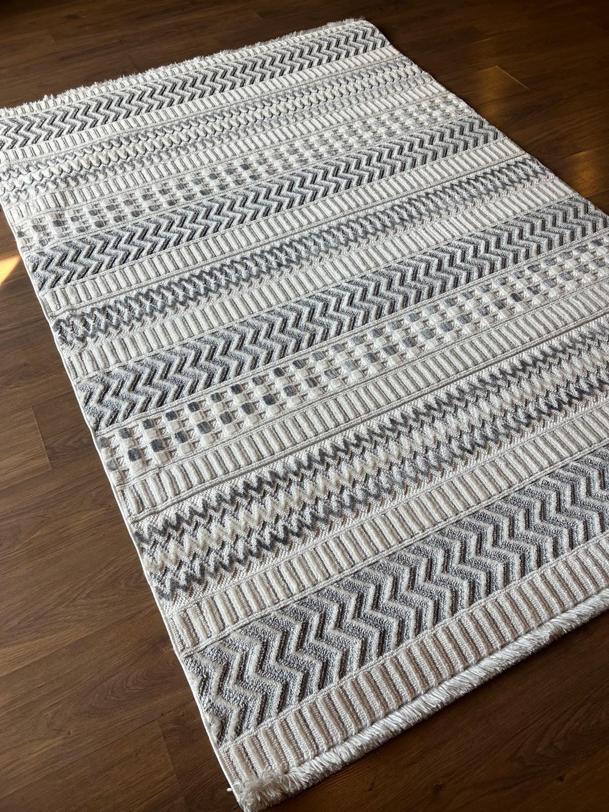 Cream Textured Geometric Carpet with Tassels, Minimalist Scandi Home Decor, Neutral Living Room Rug.