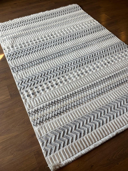 Cream Textured Geometric Carpet with Tassels, Minimalist Scandi Home Decor, Neutral Living Room Rug.