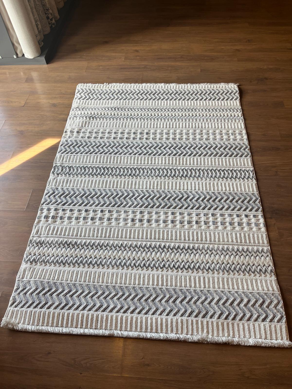Cream Textured Geometric Carpet with Tassels, Minimalist Scandi Home Decor, Neutral Living Room Rug.