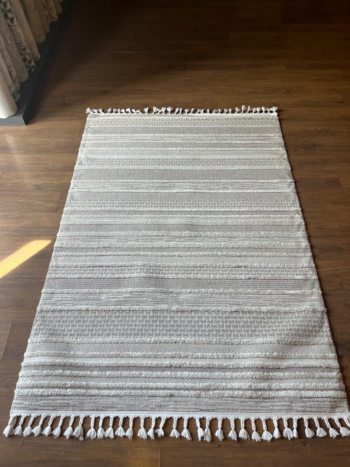 Cream Textured Geometric Carpet with Tassels, Minimalist Scandi Home Decor, Neutral Living Room Rug.