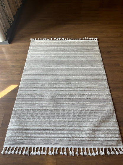 Cream Textured Geometric Carpet with Tassels, Minimalist Scandi Home Decor, Neutral Living Room Rug.