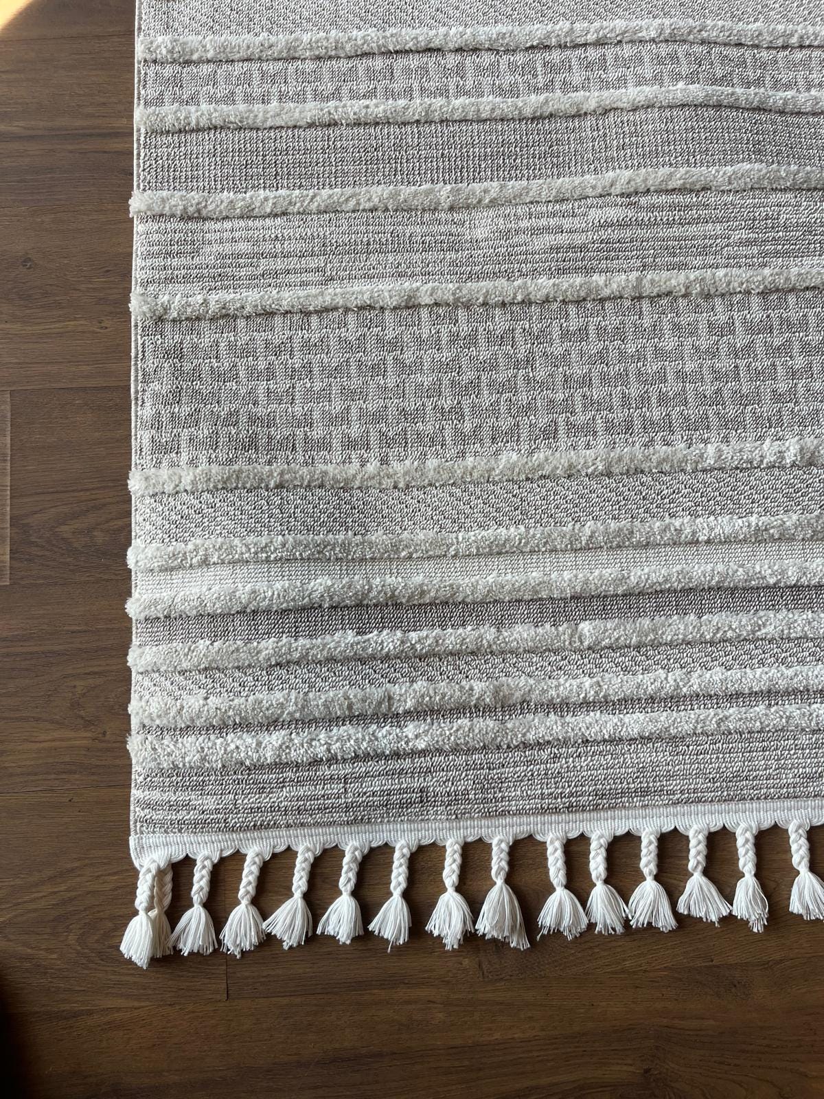 Cream Textured Geometric Carpet with Tassels, Minimalist Scandi Home Decor, Neutral Living Room Rug.