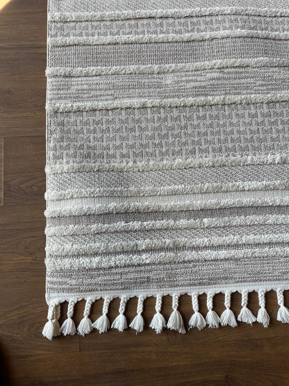 Cream Textured Geometric Carpet with Tassels, Minimalist Scandi Home Decor, Neutral Living Room Rug.
