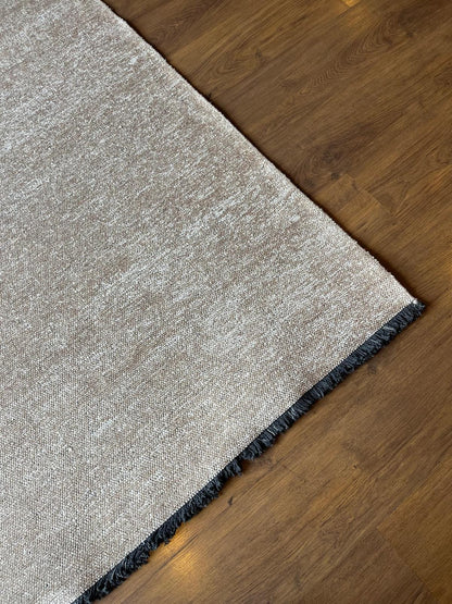 Cream Textured Geometric Carpet with Tassels, Minimalist Scandi Home Decor, Neutral Living Room Rug.