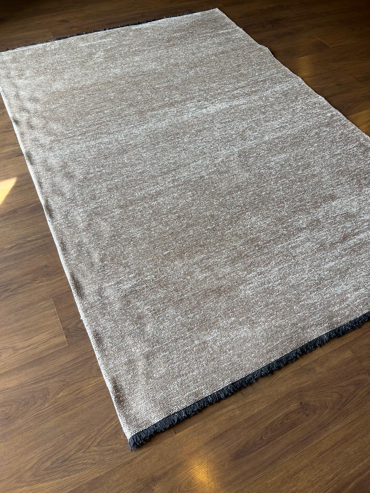 Cream Textured Geometric Carpet with Tassels, Minimalist Scandi Home Decor, Neutral Living Room Rug.