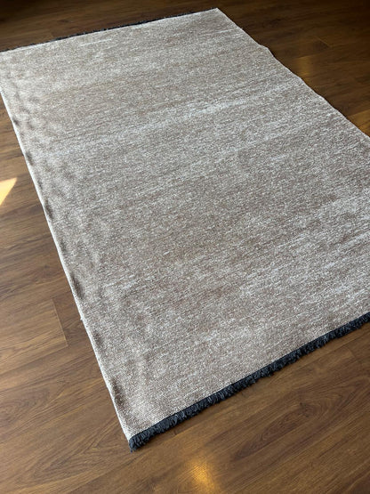 Cream Textured Geometric Carpet with Tassels, Minimalist Scandi Home Decor, Neutral Living Room Rug.