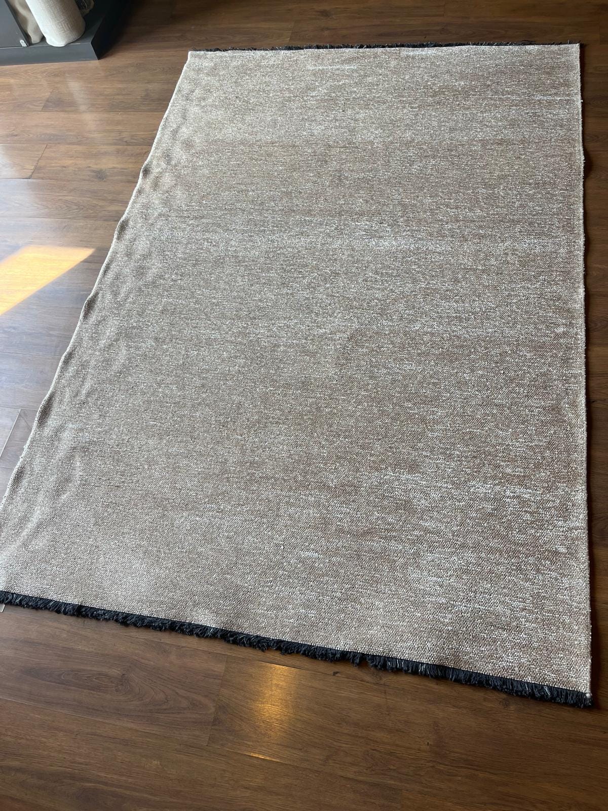 Cream Textured Geometric Carpet with Tassels, Minimalist Scandi Home Decor, Neutral Living Room Rug.