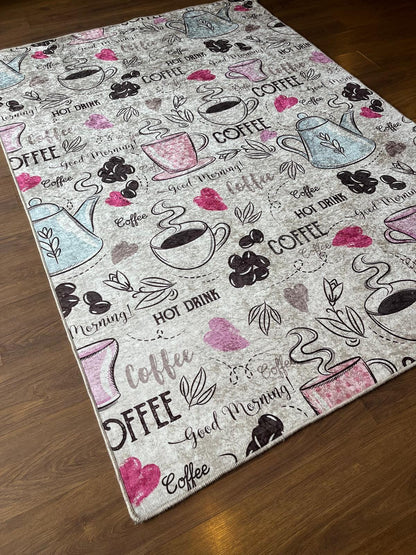 Pink Teal Coffee Cafe Area Rug – Whimsical Morning Kitchen Mat