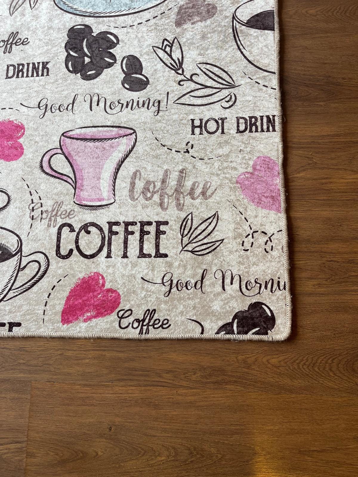 Pink Teal Coffee Cafe Area Rug – Whimsical Morning Kitchen Mat