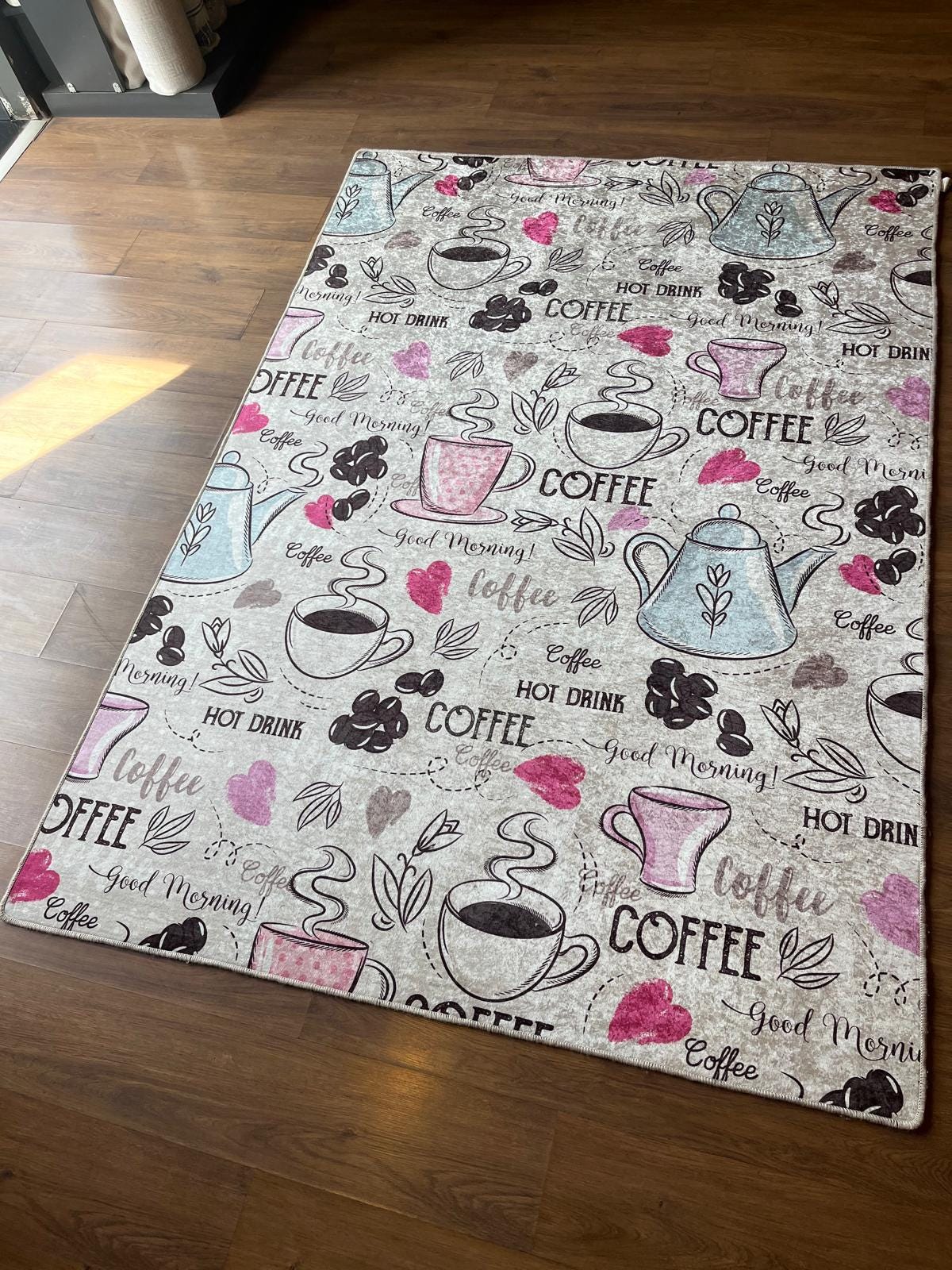 Pink Teal Coffee Cafe Area Rug – Whimsical Morning Kitchen Mat