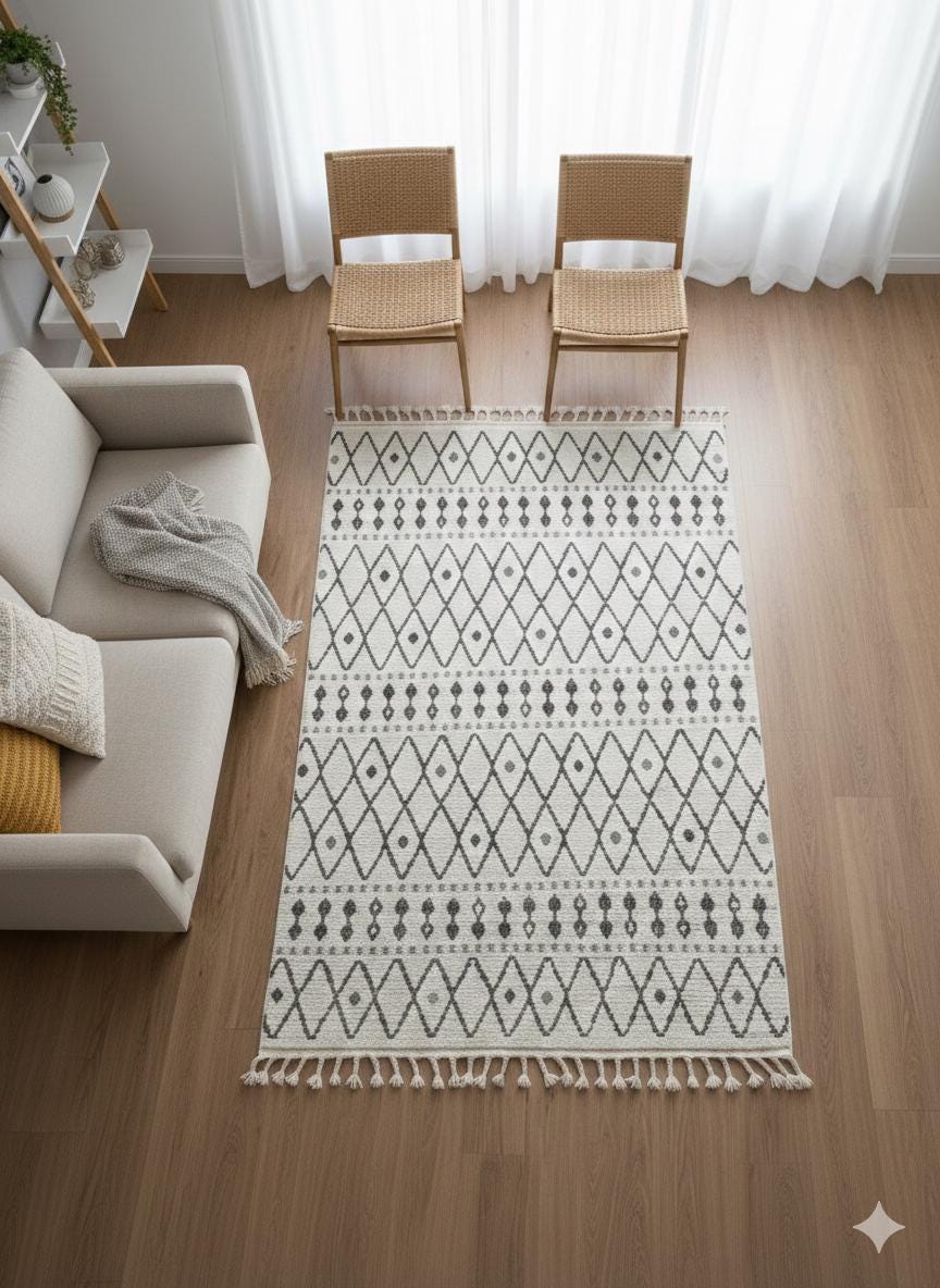 Cream Textured Geometric Carpet with Tassels, Minimalist Scandi Home Decor, Neutral Living Room Rug.