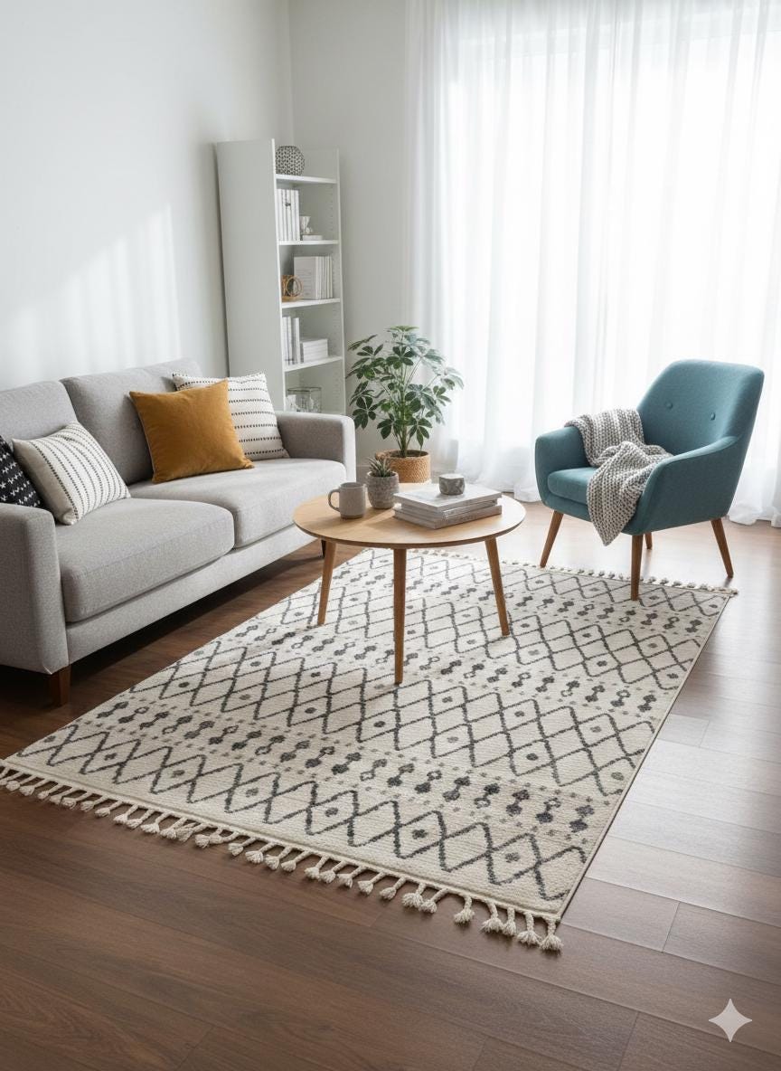 Cream Textured Geometric Carpet with Tassels, Minimalist Scandi Home Decor, Neutral Living Room Rug.