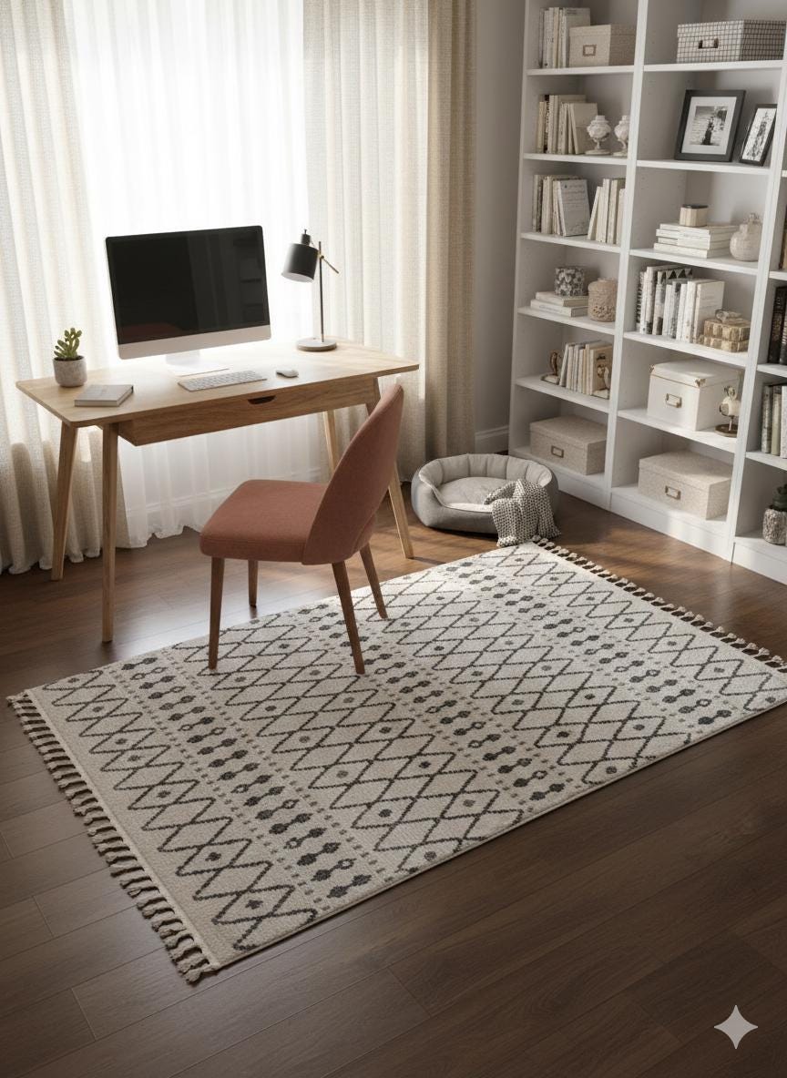 Cream Textured Geometric Carpet with Tassels, Minimalist Scandi Home Decor, Neutral Living Room Rug.