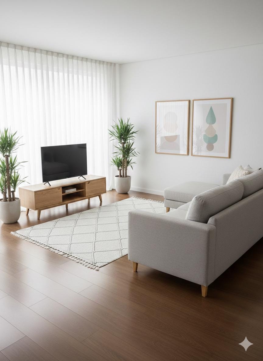 Cream Textured Geometric Carpet with Tassels, Minimalist Scandi Home Decor, Neutral Living Room Rug.