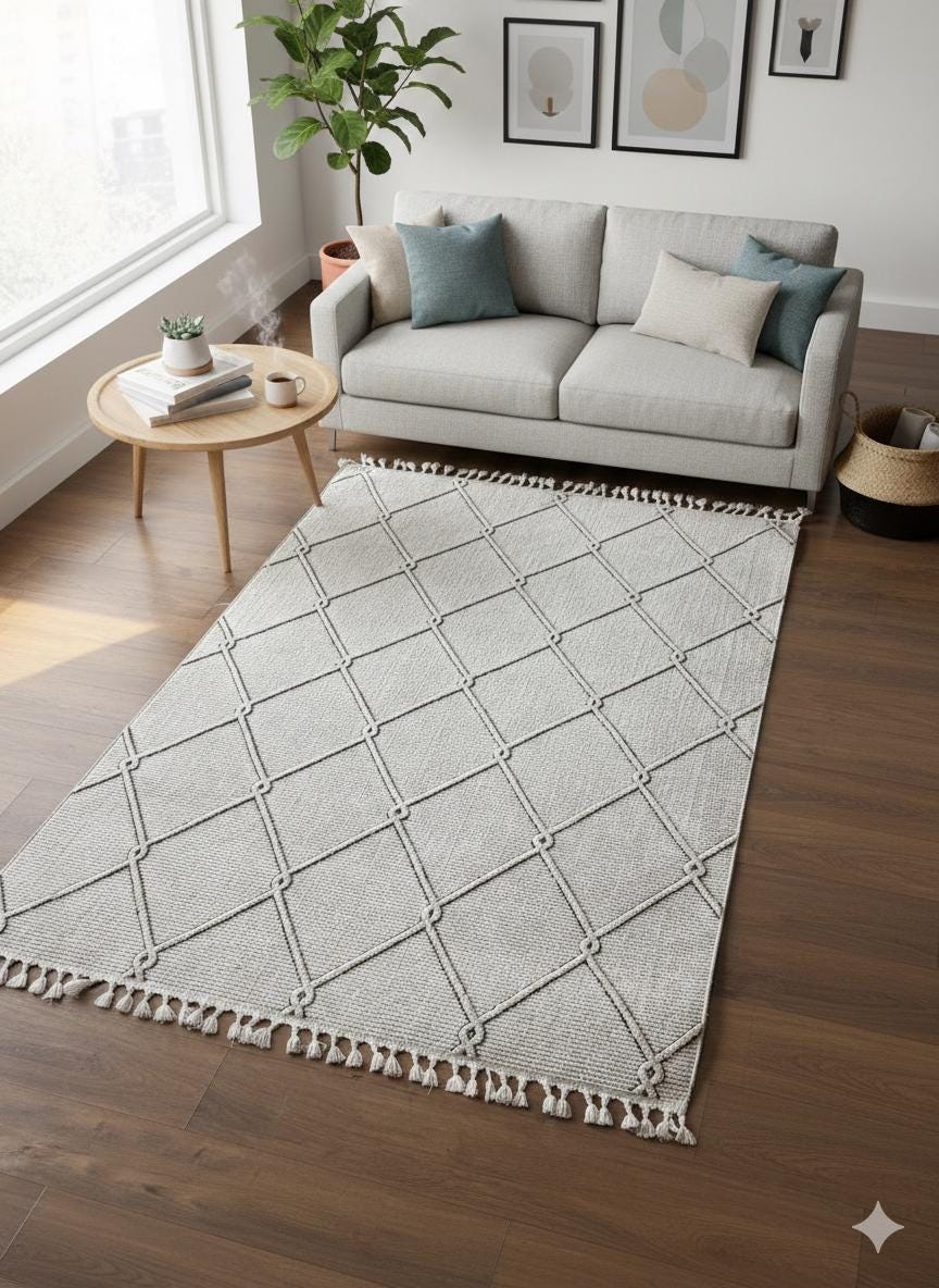 Cream Textured Geometric Carpet with Tassels, Minimalist Scandi Home Decor, Neutral Living Room Rug.
