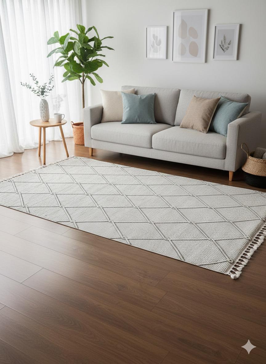Cream Textured Geometric Carpet with Tassels, Minimalist Scandi Home Decor, Neutral Living Room Rug.
