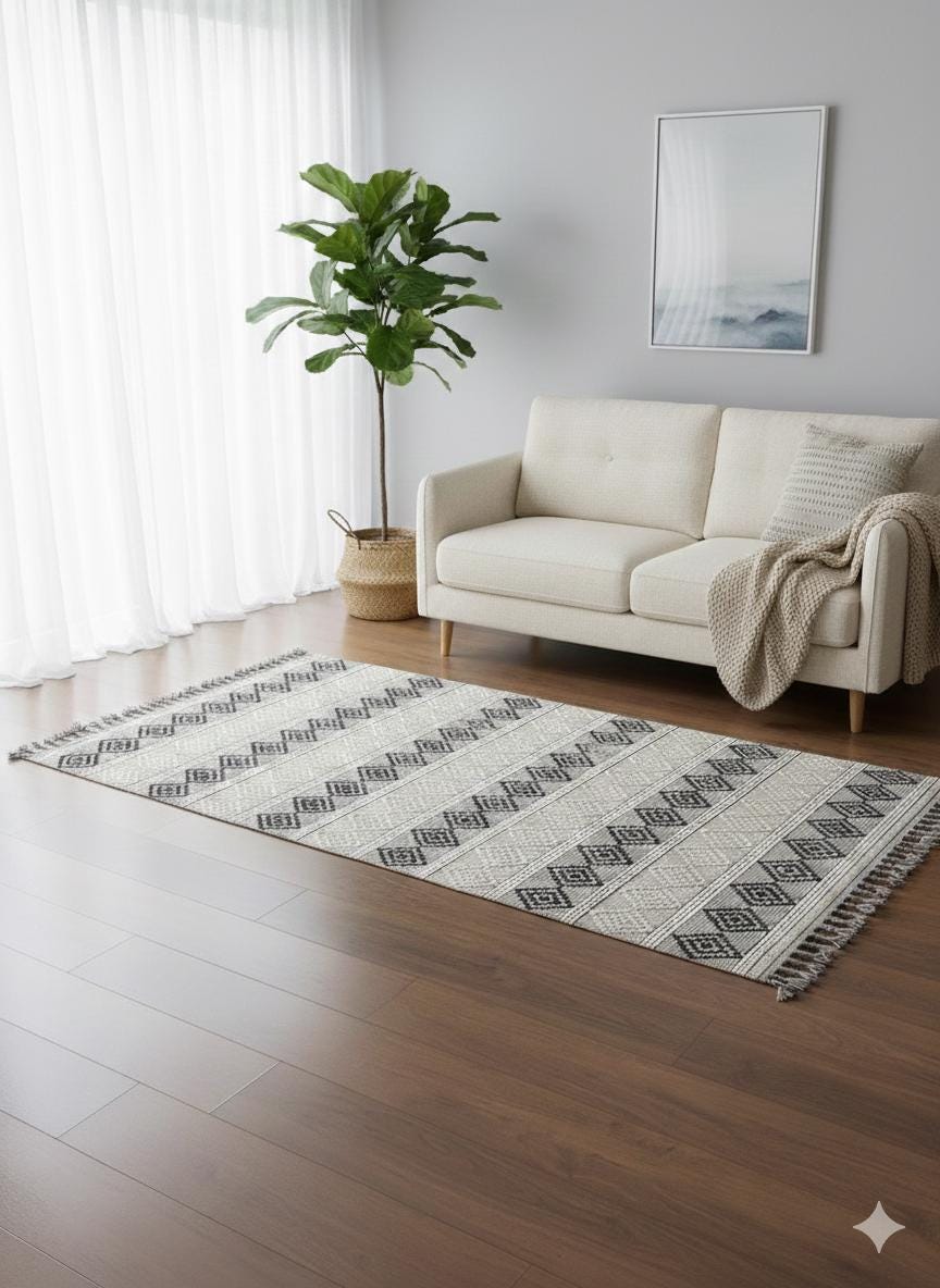 Cream Textured Geometric Carpet with Tassels, Minimalist Scandi Home Decor, Neutral Living Room Rug.