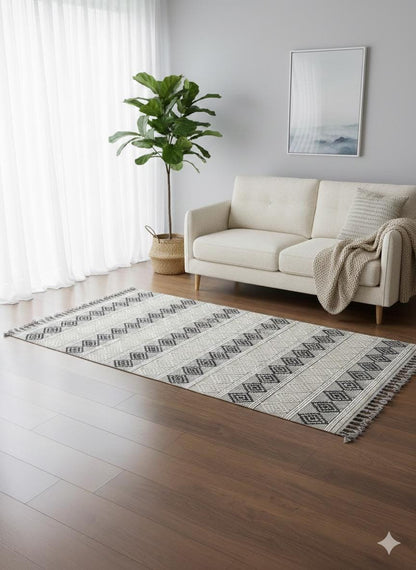 Cream Textured Geometric Carpet with Tassels, Minimalist Scandi Home Decor, Neutral Living Room Rug.