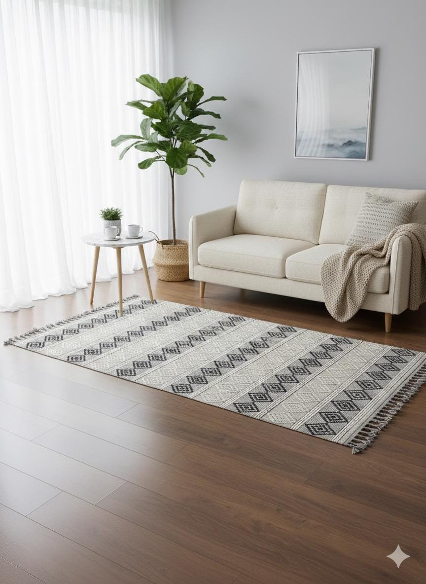 Cream Textured Geometric Carpet with Tassels, Minimalist Scandi Home Decor, Neutral Living Room Rug.