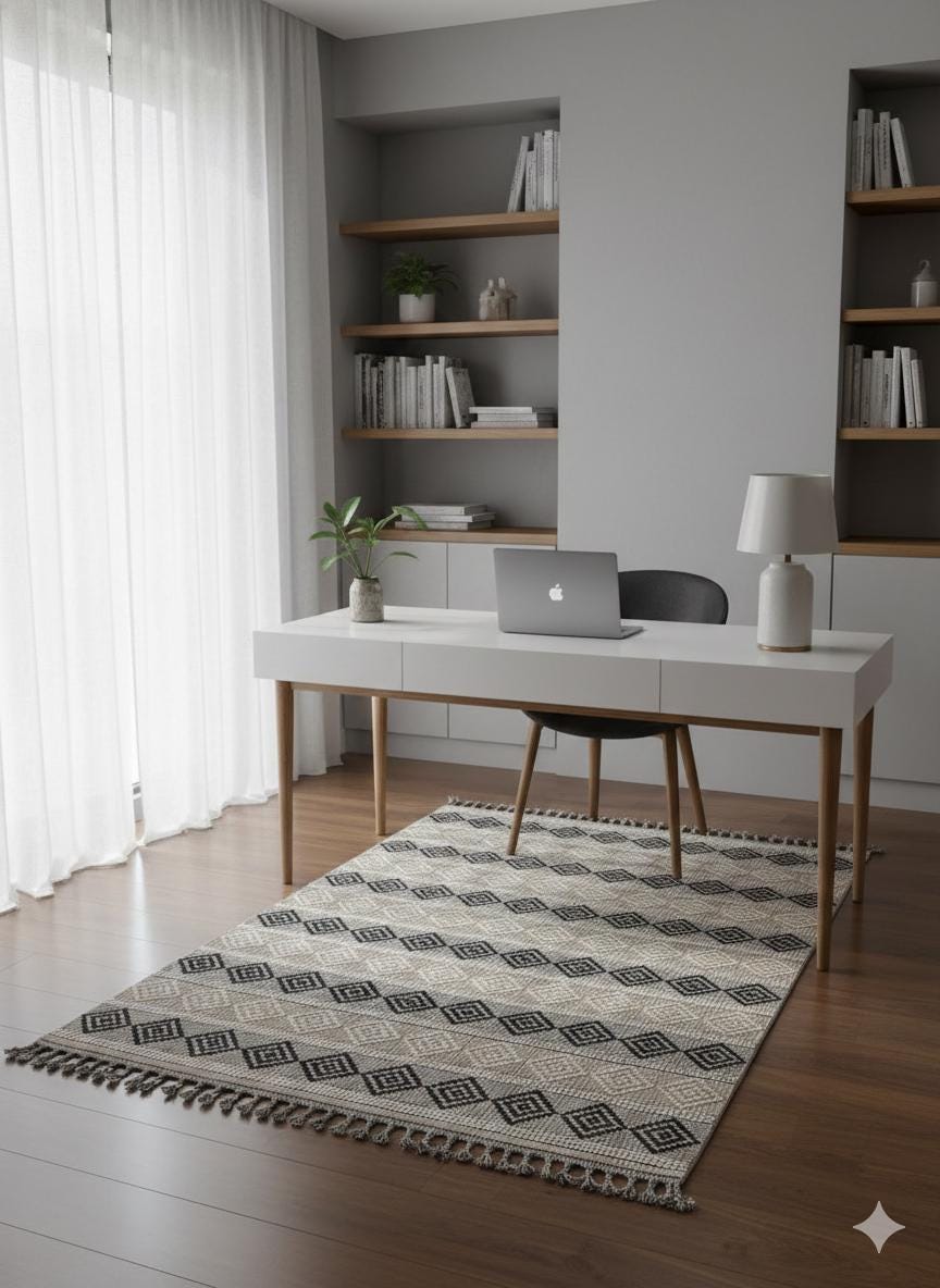 Cream Textured Geometric Carpet with Tassels, Minimalist Scandi Home Decor, Neutral Living Room Rug.