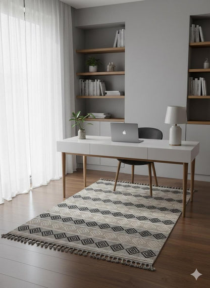 Cream Textured Geometric Carpet with Tassels, Minimalist Scandi Home Decor, Neutral Living Room Rug.