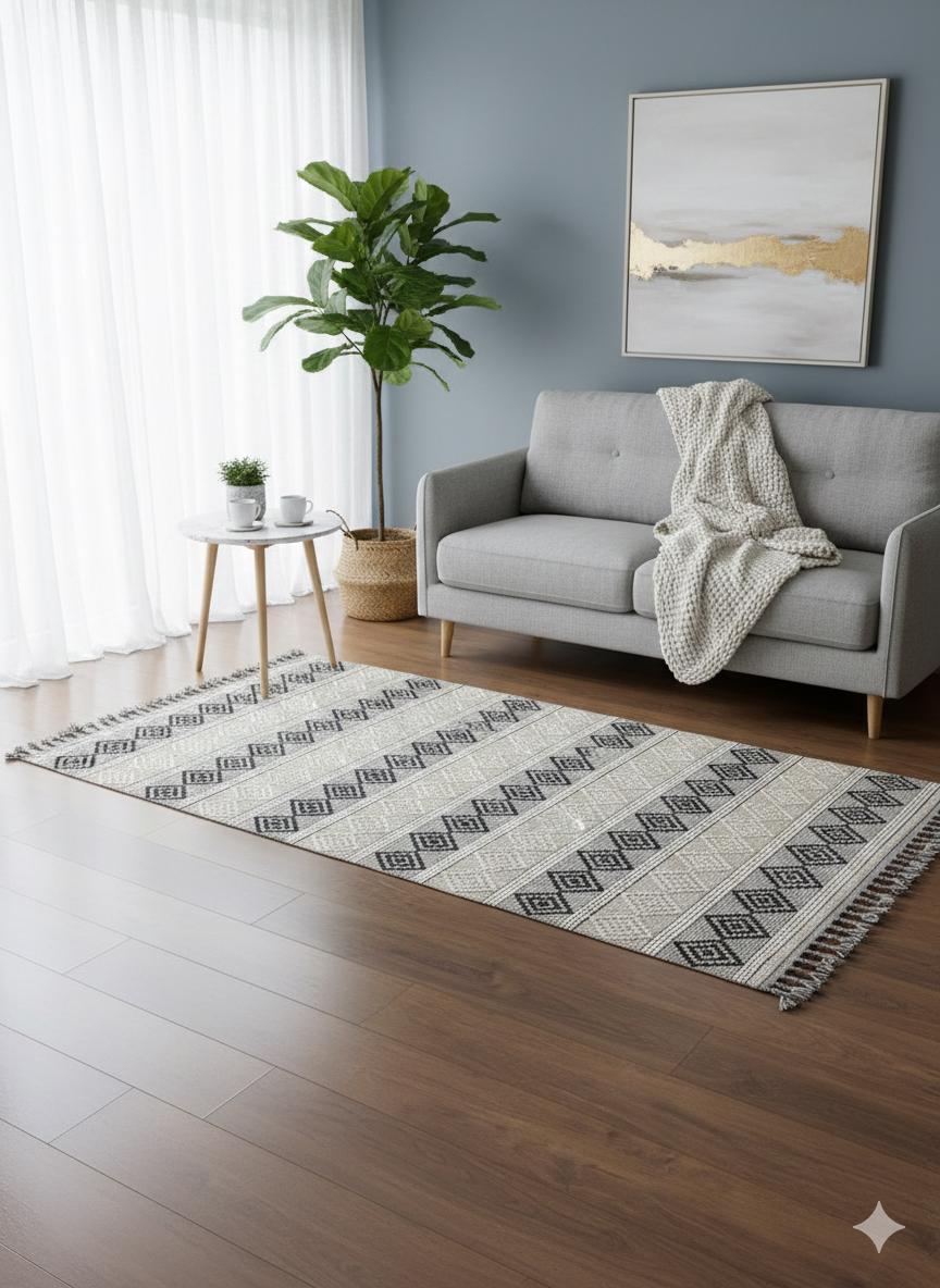 Cream Textured Geometric Carpet with Tassels, Minimalist Scandi Home Decor, Neutral Living Room Rug.