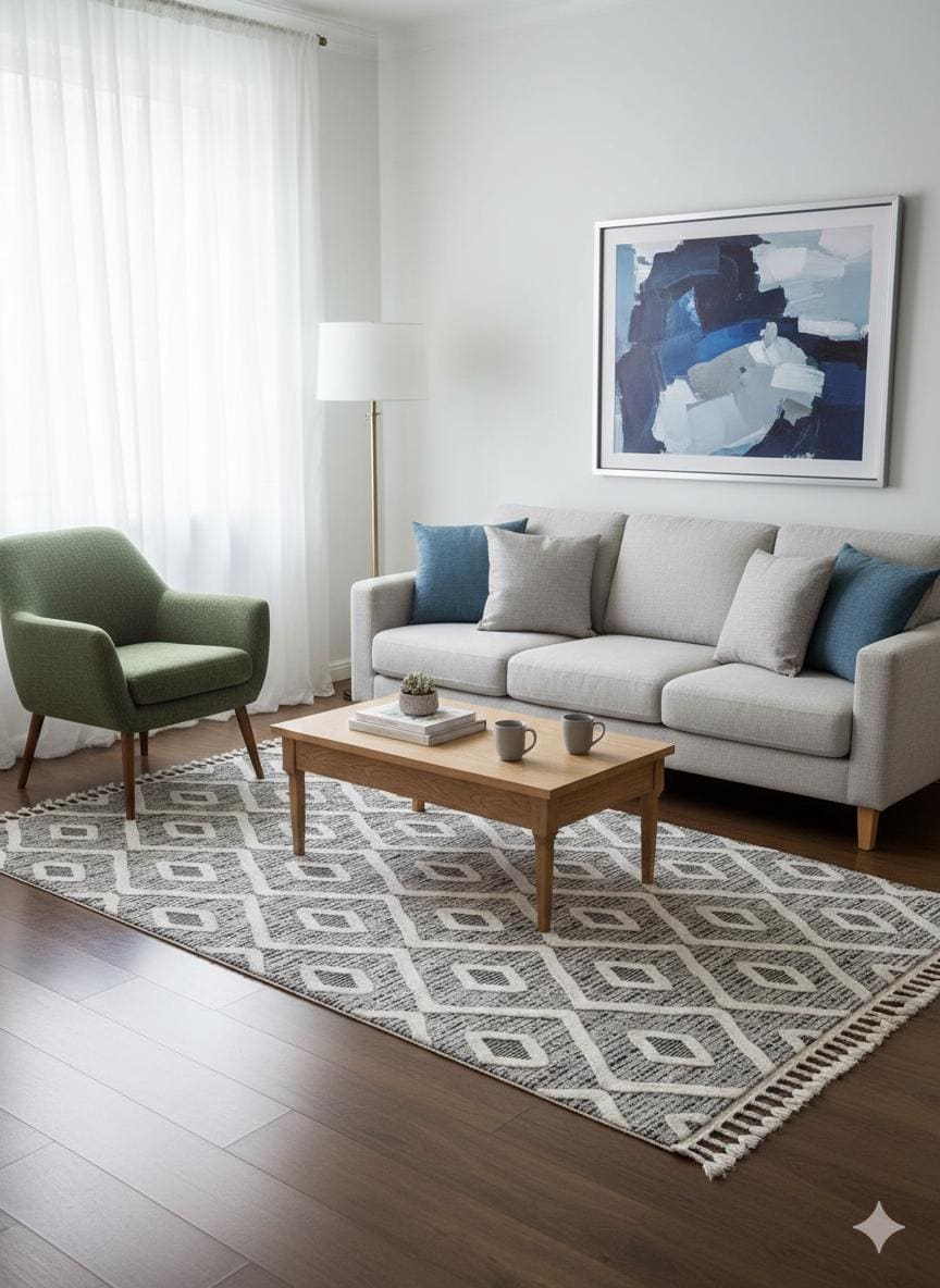 Cream Textured Geometric Carpet with Tassels, Minimalist Scandi Home Decor, Neutral Living Room Rug.