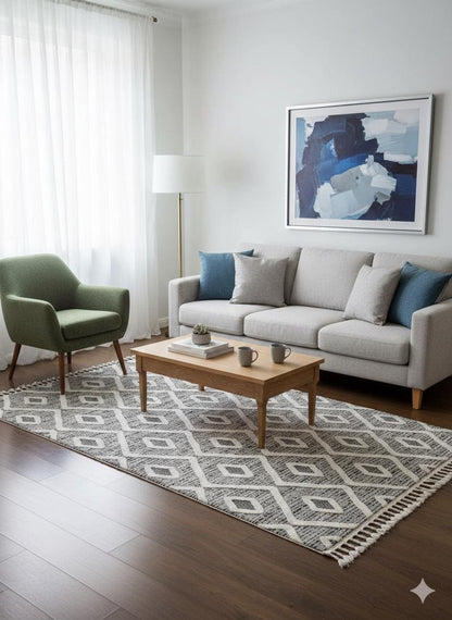 Cream Textured Geometric Carpet with Tassels, Minimalist Scandi Home Decor, Neutral Living Room Rug.