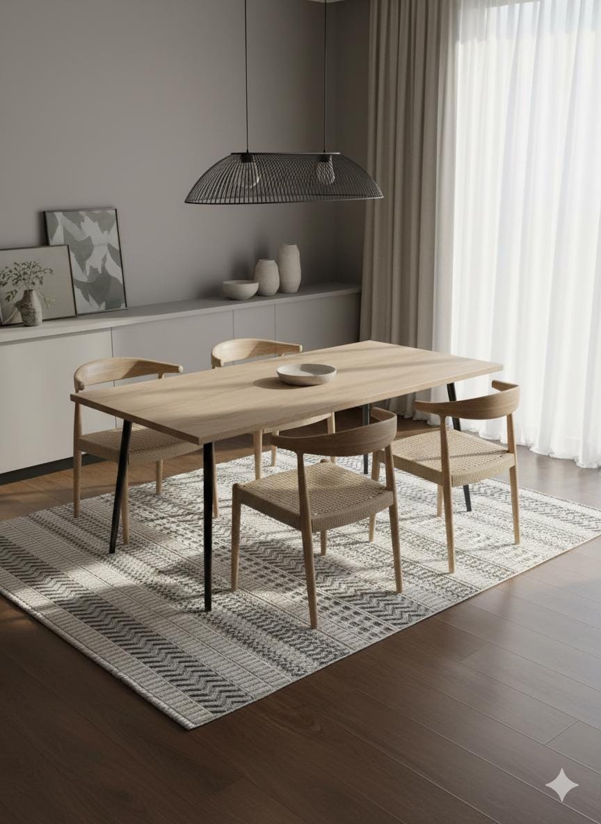 Cream Textured Geometric Carpet with Tassels, Minimalist Scandi Home Decor, Neutral Living Room Rug.