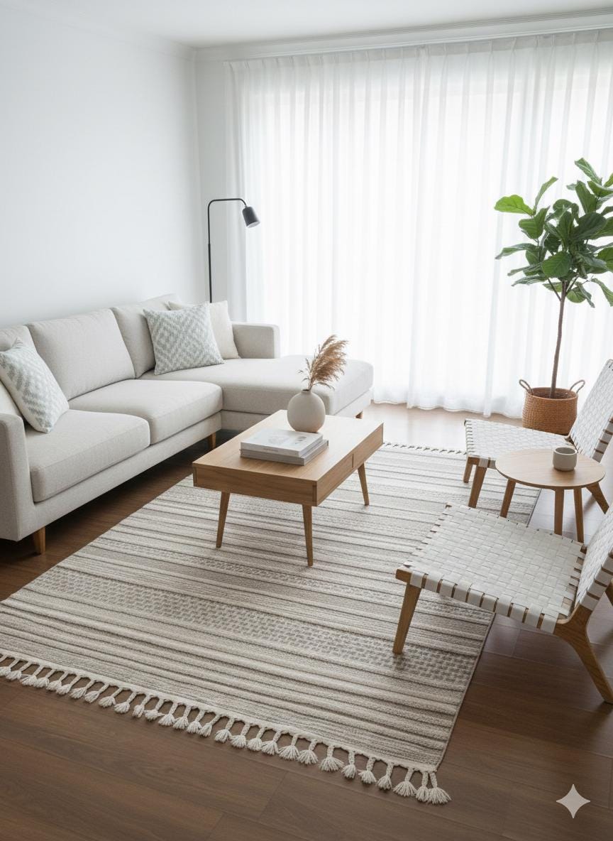 Cream Textured Geometric Carpet with Tassels, Minimalist Scandi Home Decor, Neutral Living Room Rug.