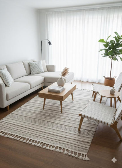 Cream Textured Geometric Carpet with Tassels, Minimalist Scandi Home Decor, Neutral Living Room Rug.