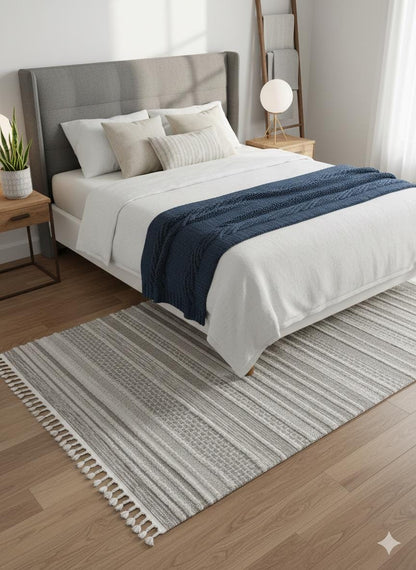 Cream Textured Geometric Carpet with Tassels, Minimalist Scandi Home Decor, Neutral Living Room Rug.