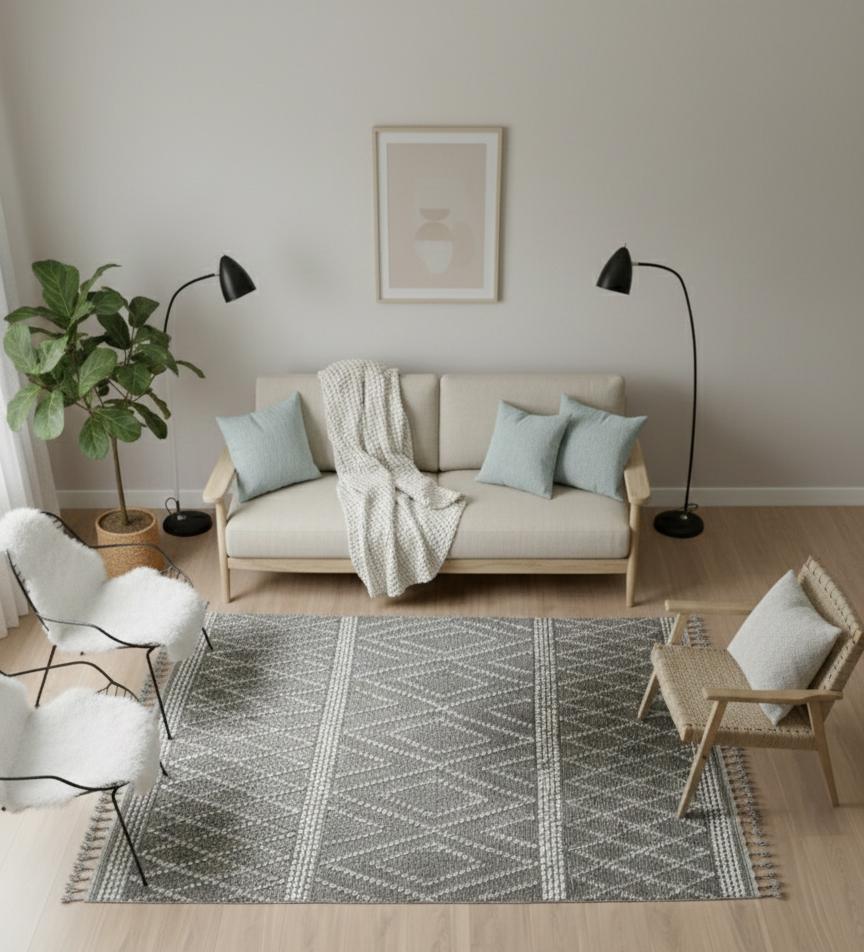 Cream Textured Geometric Carpet with Tassels, Minimalist Scandi Home Decor, Neutral Living Room Rug.