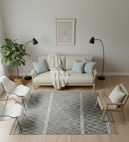 Cream Textured Geometric Carpet with Tassels, Minimalist Scandi Home Decor, Neutral Living Room Rug.