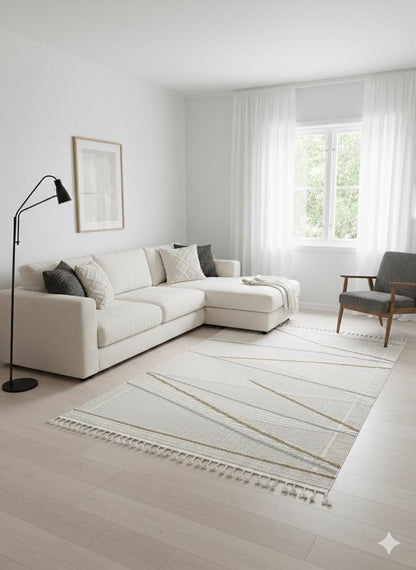 Cream Textured Geometric Carpet with Tassels, Minimalist Scandi Home Decor, Neutral Living Room Rug.