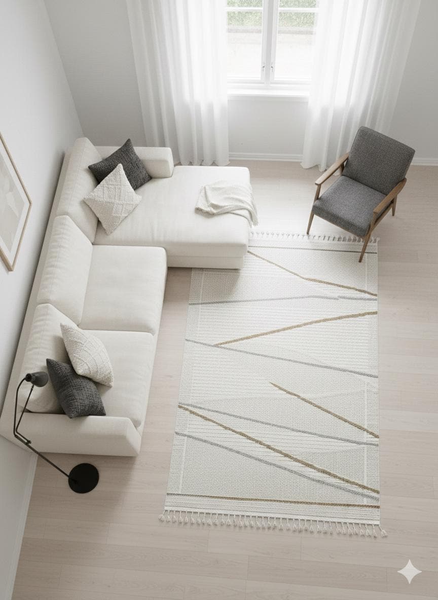 Cream Textured Geometric Carpet with Tassels, Minimalist Scandi Home Decor, Neutral Living Room Rug.