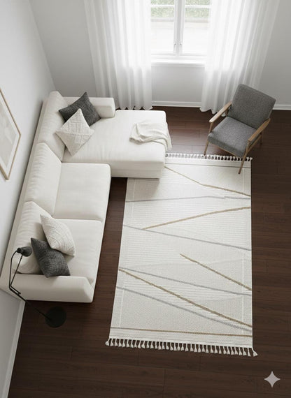 Cream Textured Geometric Carpet with Tassels, Minimalist Scandi Home Decor, Neutral Living Room Rug.