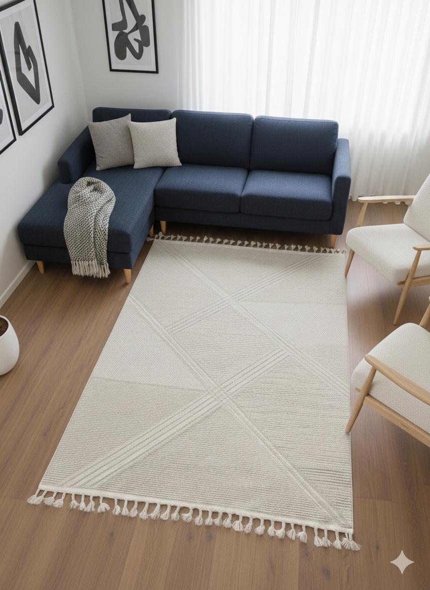 Cream Textured Geometric Carpet with Tassels, Minimalist Scandi Home Decor, Neutral Living Room Rug.