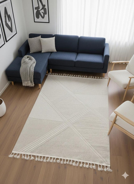 Cream Textured Geometric Carpet with Tassels, Minimalist Scandi Home Decor, Neutral Living Room Rug.